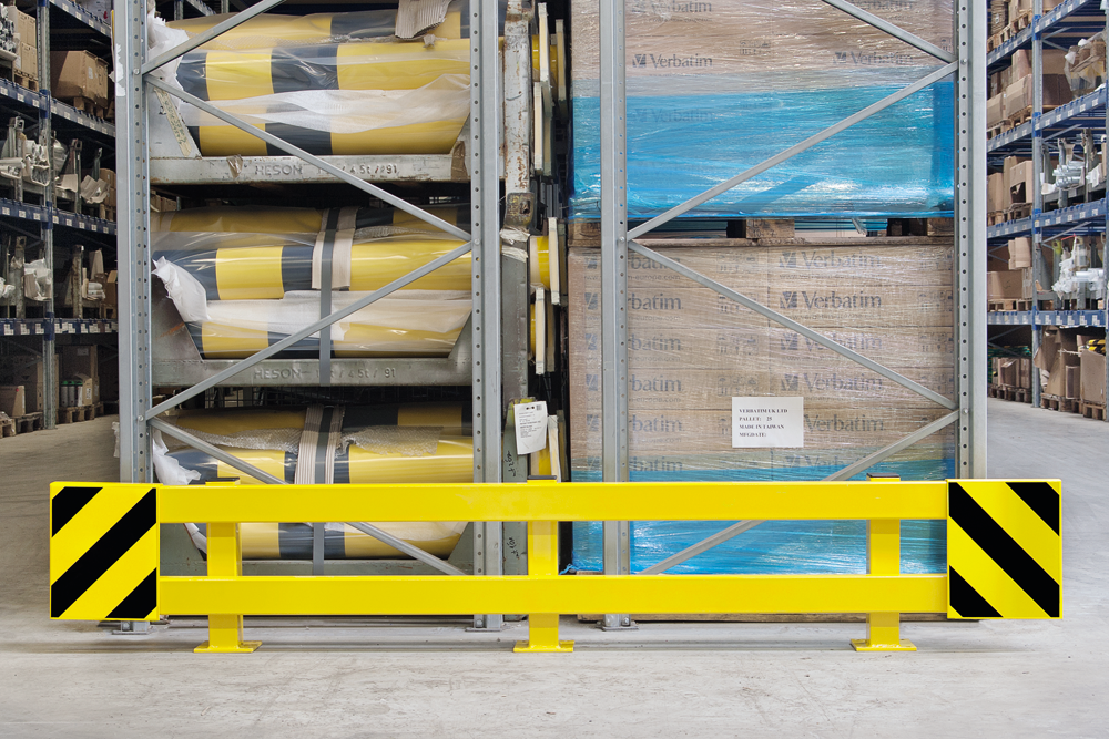 Warehouse safety end-frame protection for pallet racking