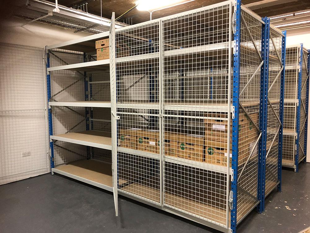 Caged longspan shelving for archive box storage