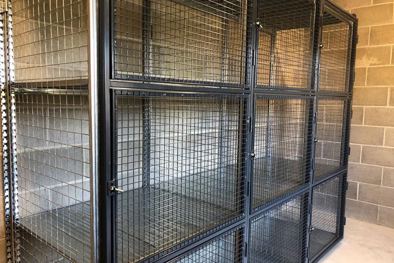 Side view of unirack shelving with mesh doors